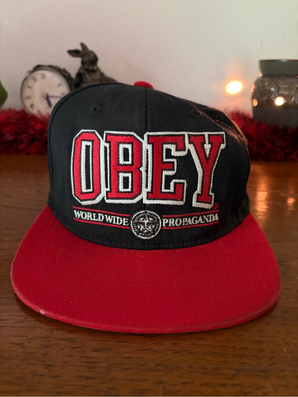 Obey Black and Red Logo Snapback Hat